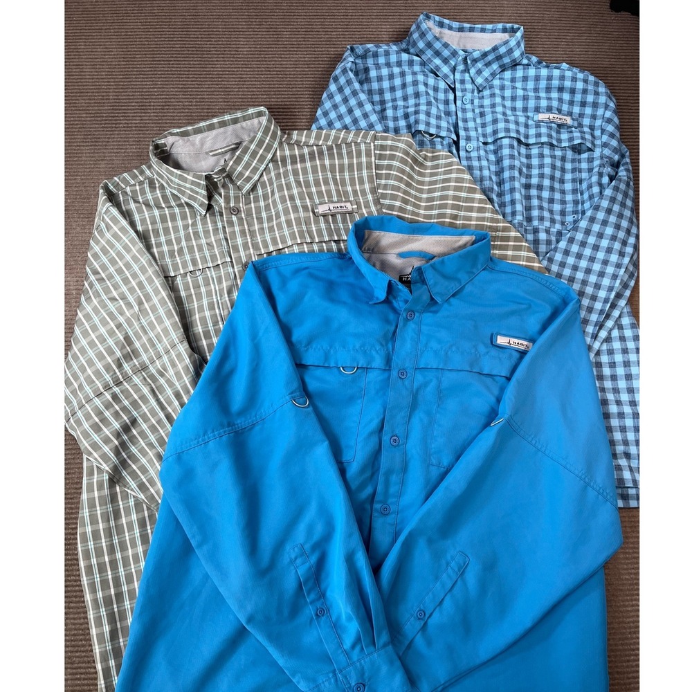 Habit Mens Fishing Shirts Lot of 3 Long Sleeve Ventilated Blue Plaid XL QuickDry